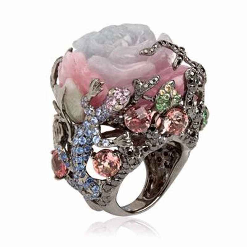 Wholesale Peony Flower Tree Vine Stone Lizard Metal Ring