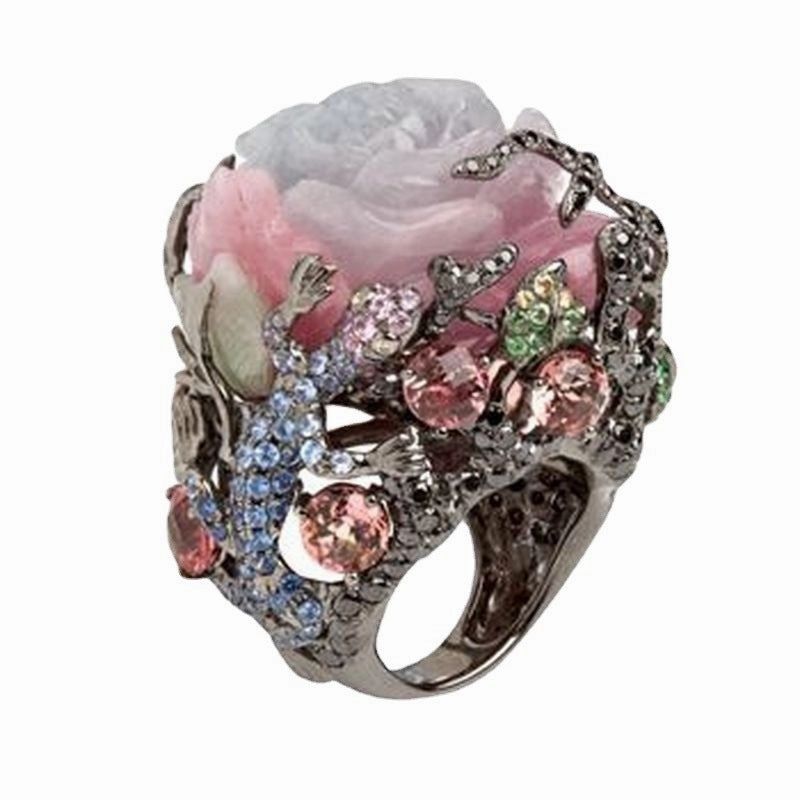 Wholesale Peony Flower Tree Vine Stone Lizard Metal Ring