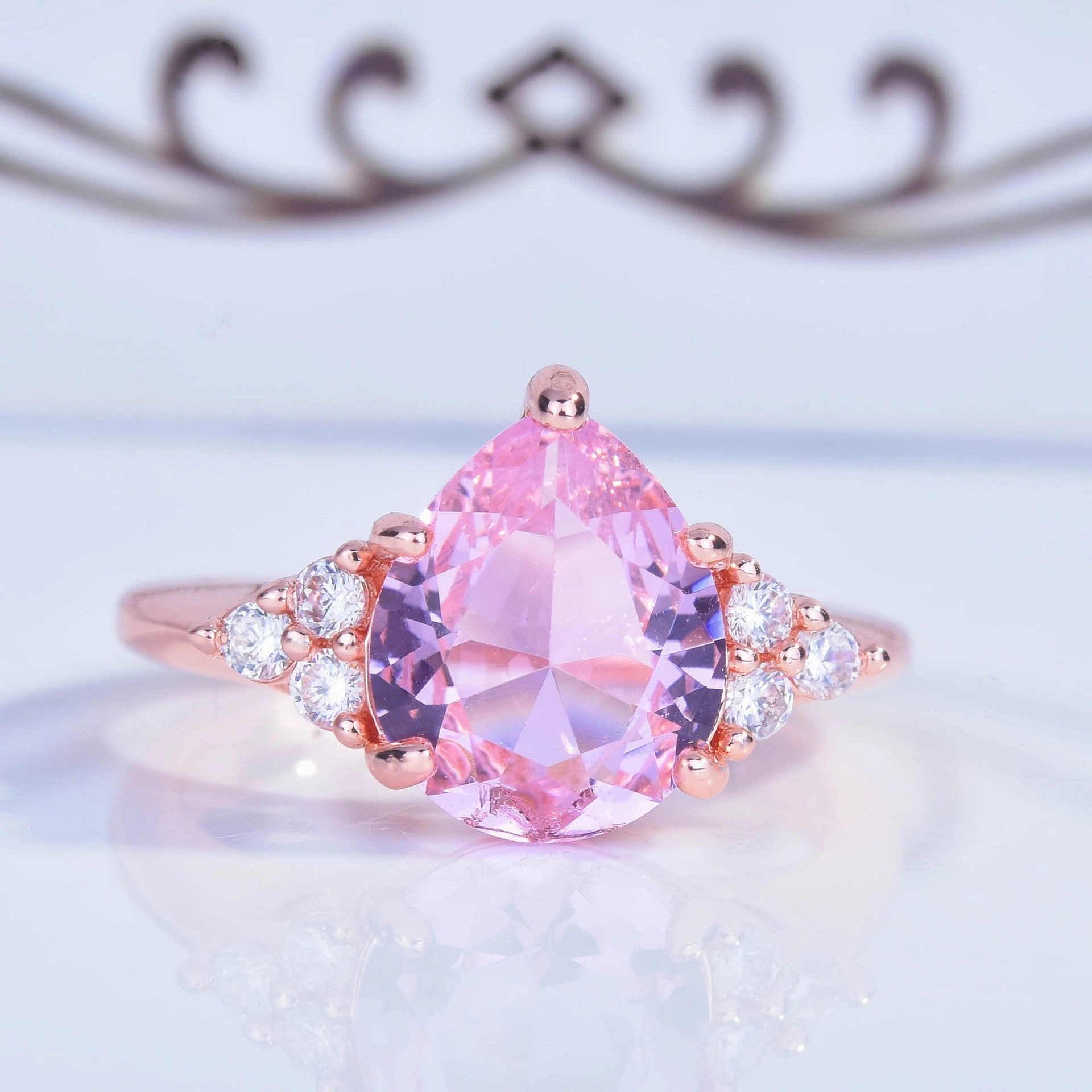 Wholesale Pink Diamond Pear Shape Copper Rings