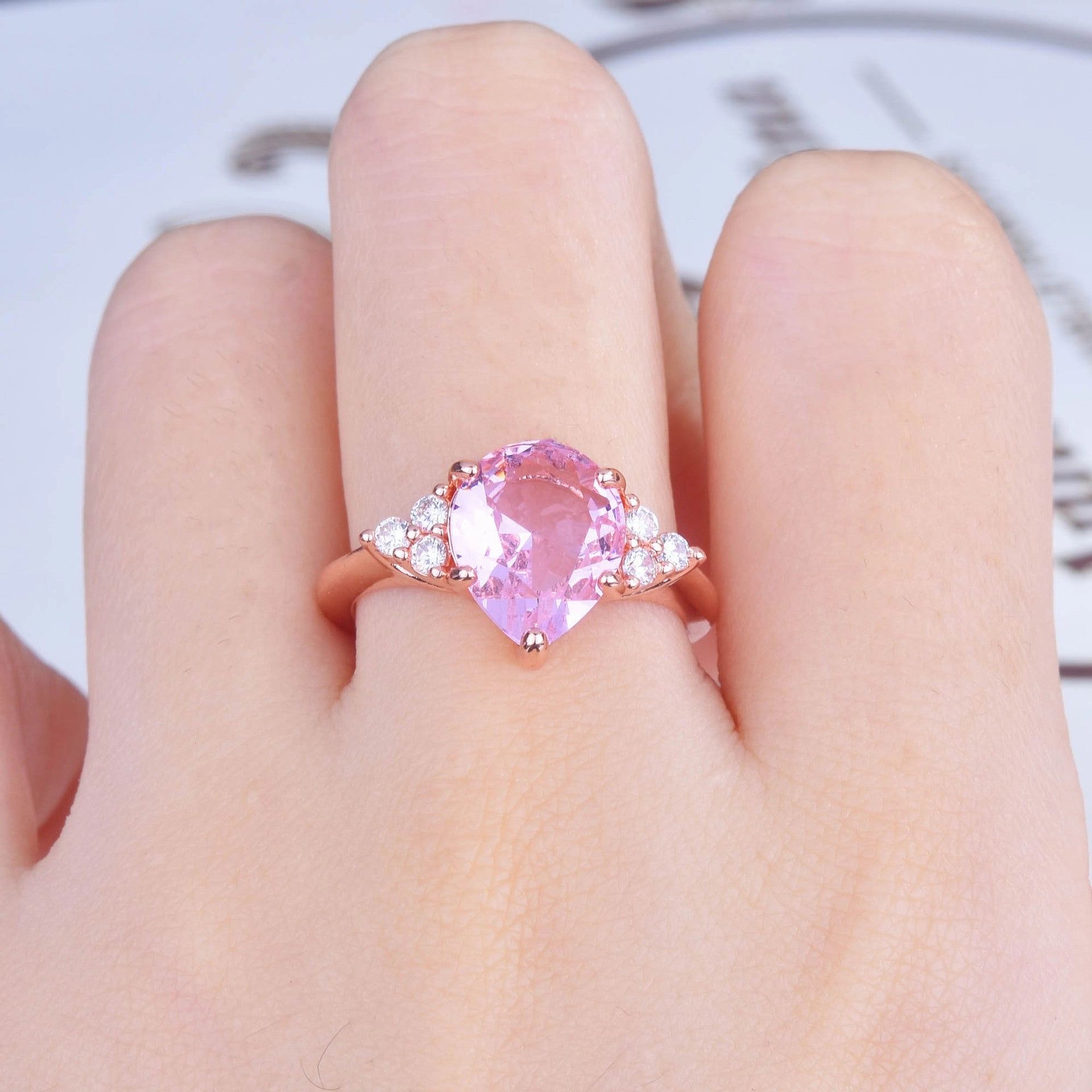 Wholesale Pink Diamond Pear Shape Copper Rings