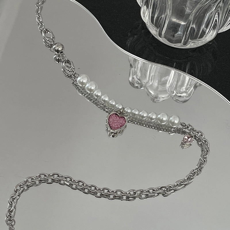 Wholesale Pink Heart Pearl Stitching Necklaces
