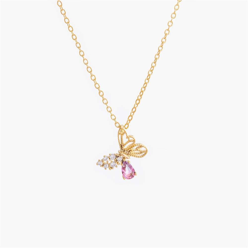 Wholesale Pink Hollow Zircon Butterfly Necklaces