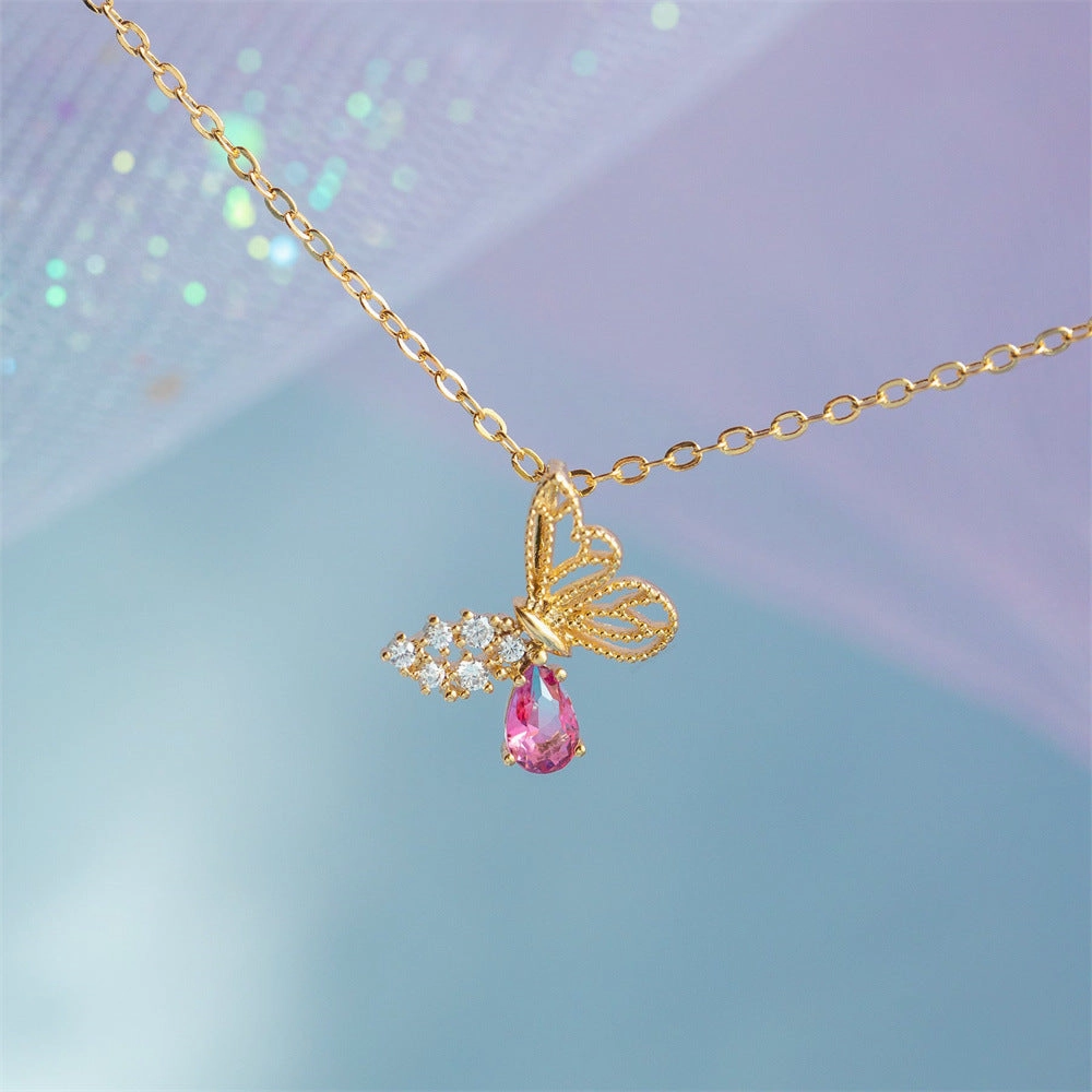 Wholesale Pink Hollow Zircon Butterfly Necklaces