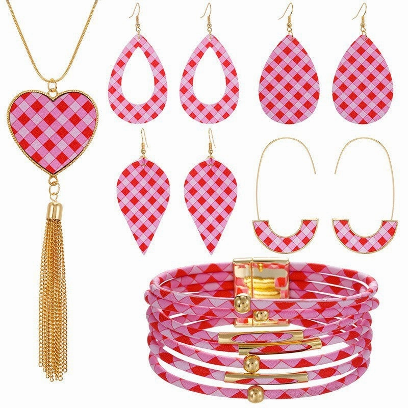 Wholesale Pink Love Series Leather Earring Alloy Bracelet Set