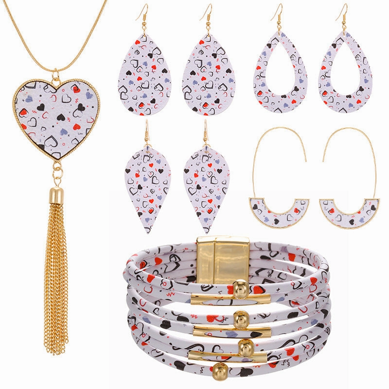 Wholesale Pink Love Series Leather Earring Alloy Bracelet Set