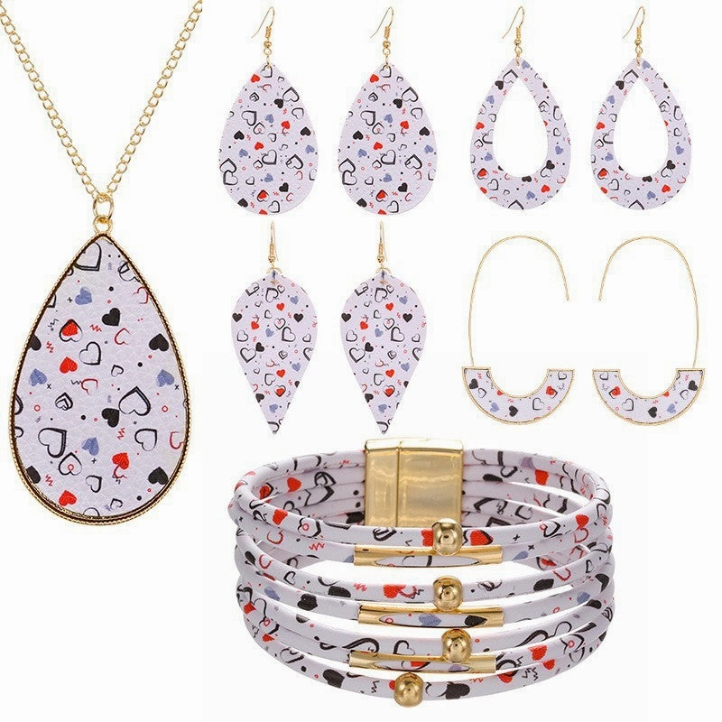 Wholesale Pink Love Series Leather Earring Alloy Bracelet Set