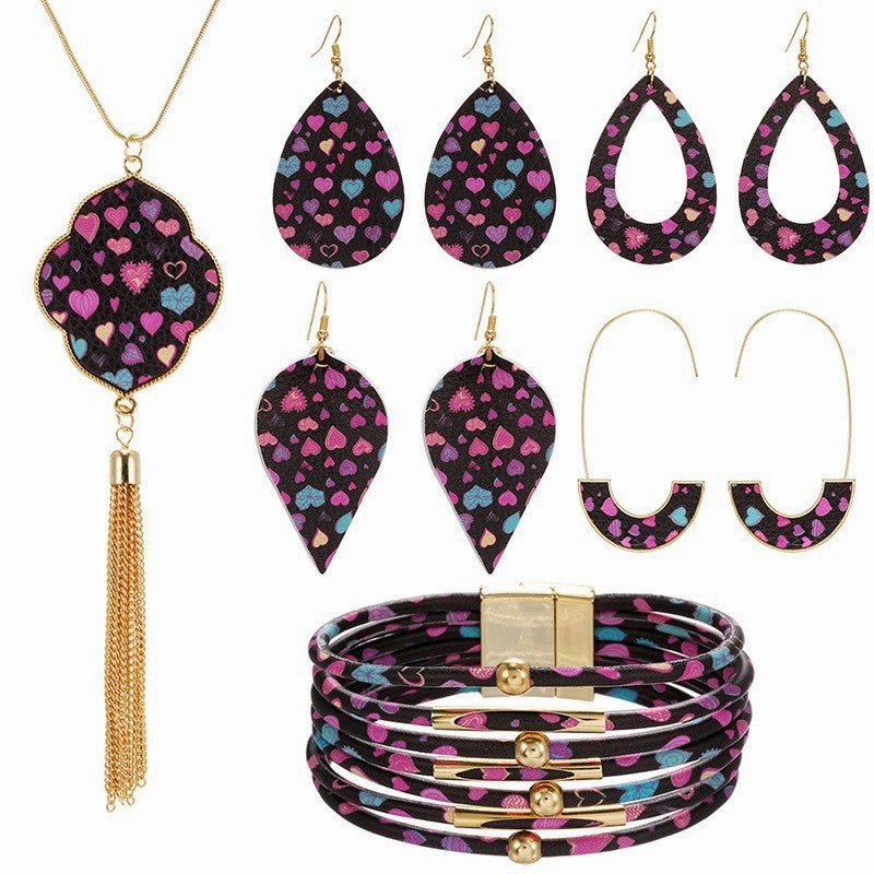 Wholesale Pink Love Series Leather Earring Alloy Bracelet Set