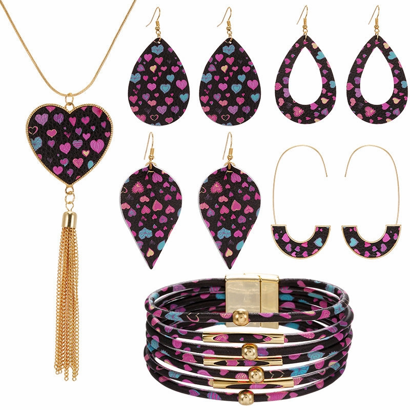 Wholesale Pink Love Series Leather Earring Alloy Bracelet Set