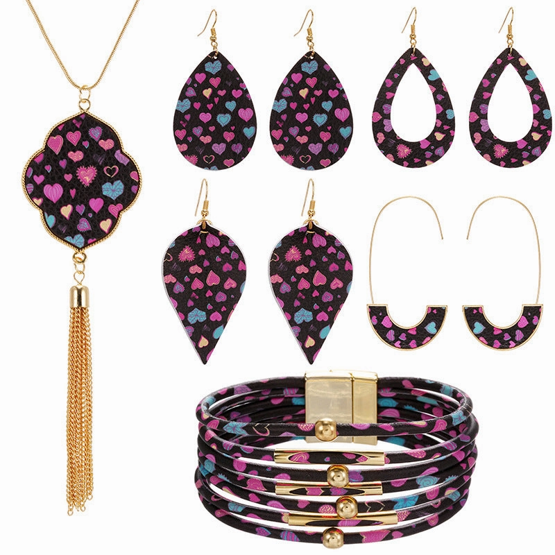 Wholesale Pink Love Series Leather Earring Alloy Bracelet Set