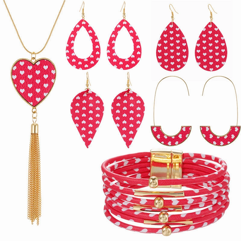 Wholesale Pink Love Series Leather Earring Alloy Bracelet Set