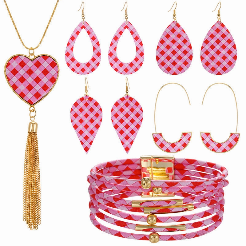 Wholesale Pink Love Series Leather Earring Alloy Bracelet Set