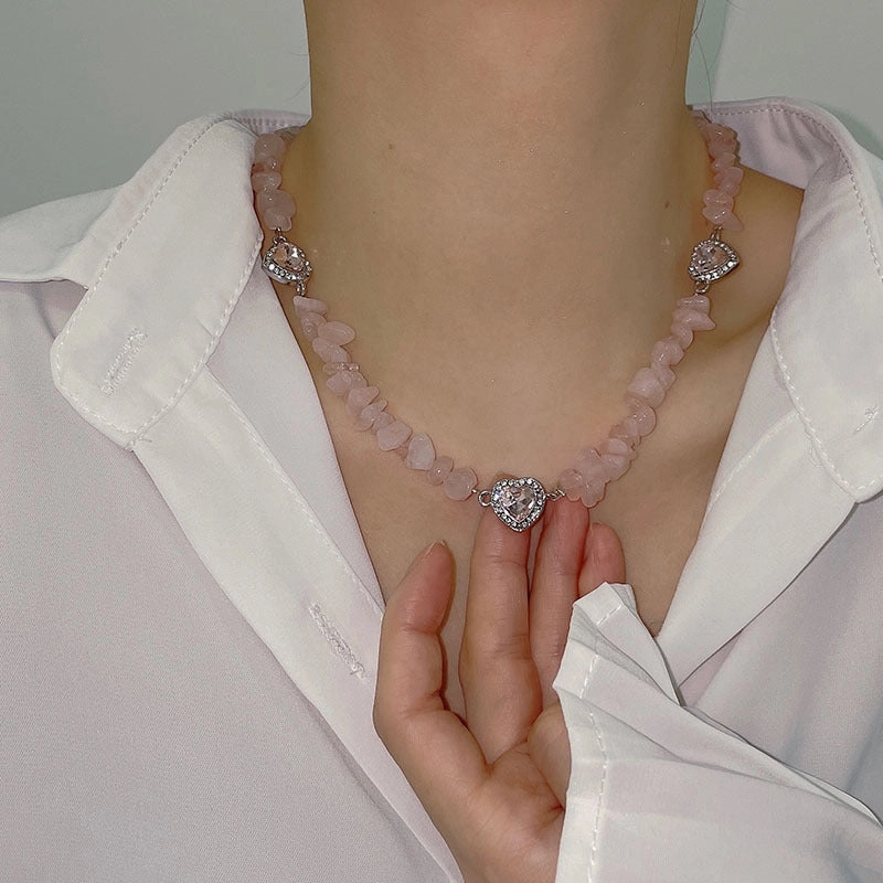 Wholesale Pink Natural Stone Micro-set Love Necklace