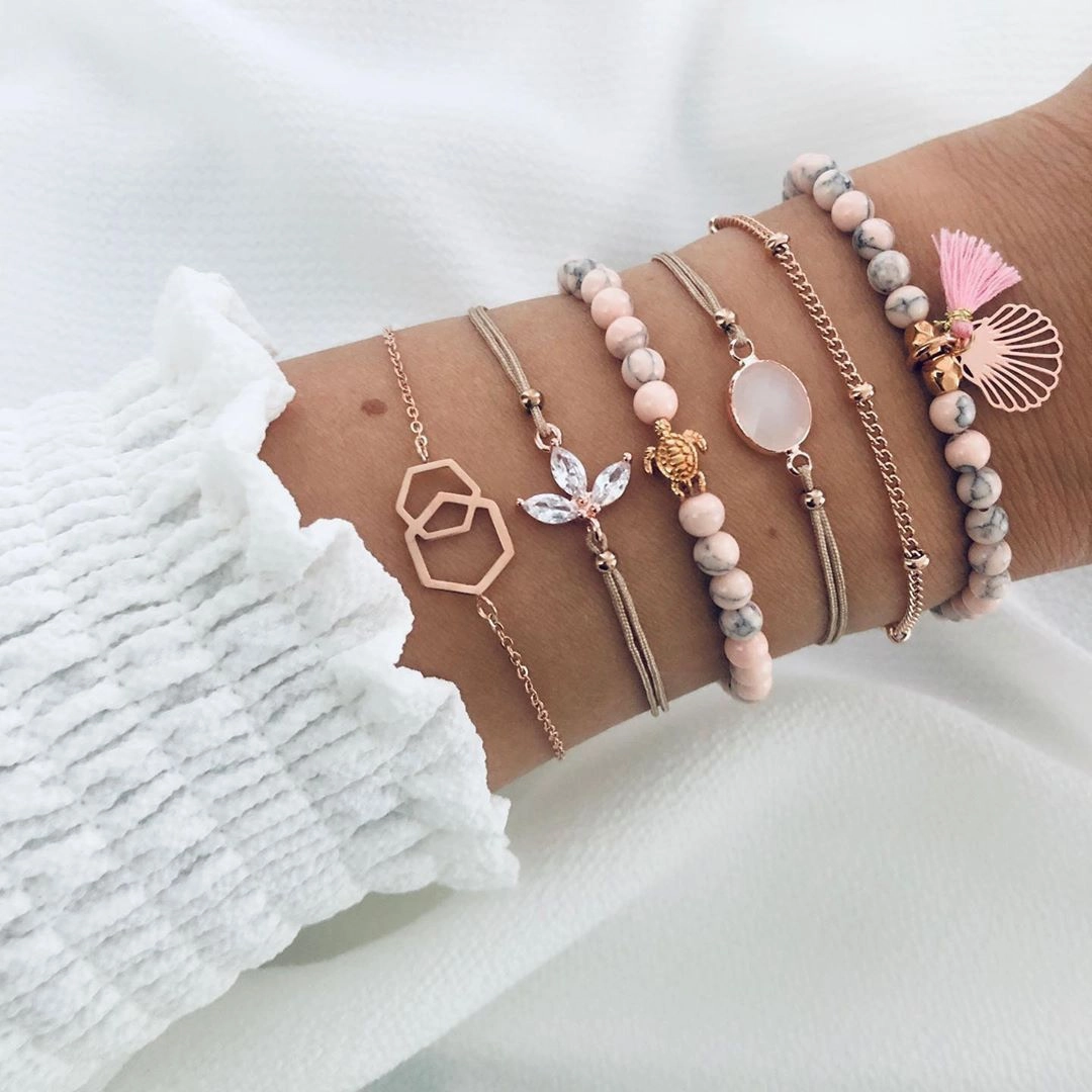 Wholesale Pink Pattern Tassel Alloy Bracelet Set of 6