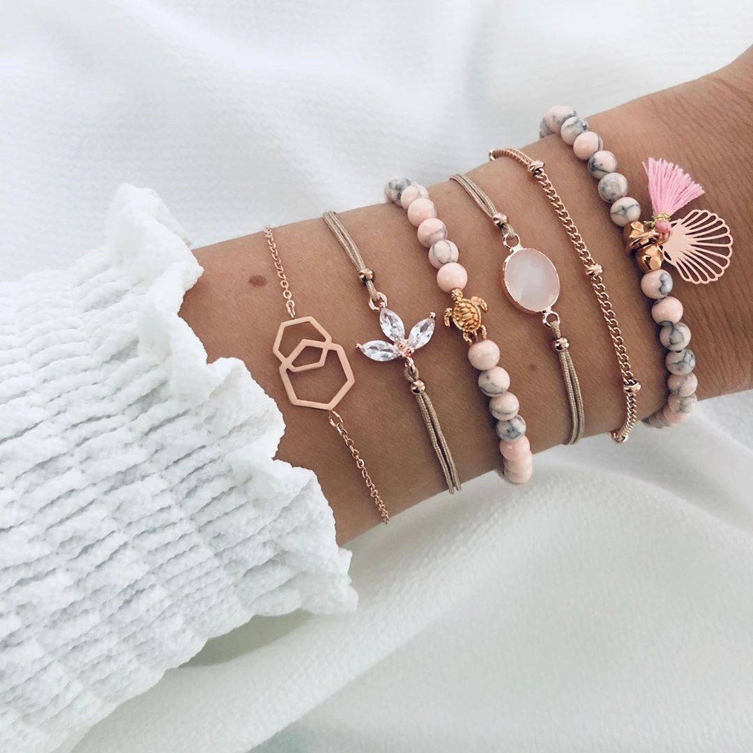 Wholesale Pink Pattern Tassel Alloy Bracelet Set of 6
