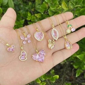 Wholesale Pink Pendant Brass Micro-inlaid Heart Butterfly Stainless Steel Necklaces