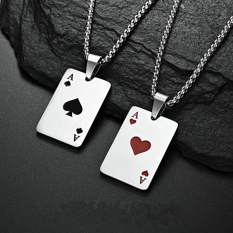 Wholesale Poker Ace of Hearts and Spades Titanium Steel Necklace