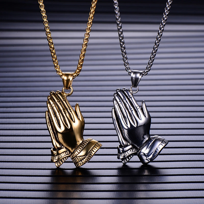Wholesale Prayer Pendant Gold Silver Buddha Hands Hang Tag Stainless Steel Necklaces