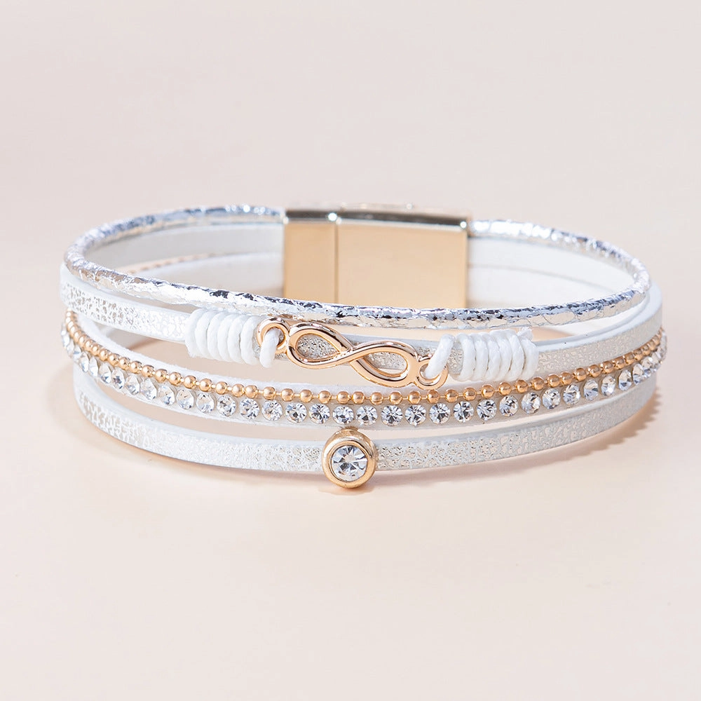 Wholesale Punk Style Multi-layer Diamond Leather Bracelet