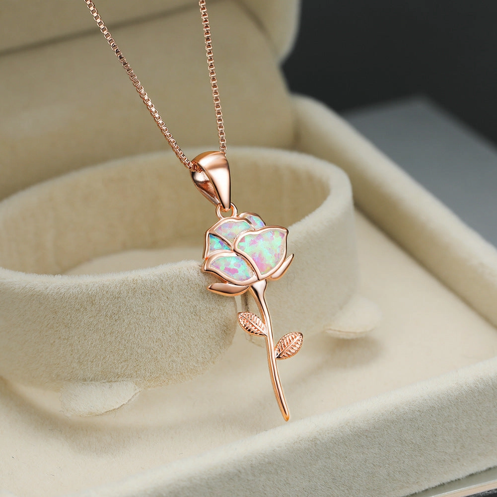 Wholesale Purple Opal Rose Flower Copper Necklaces