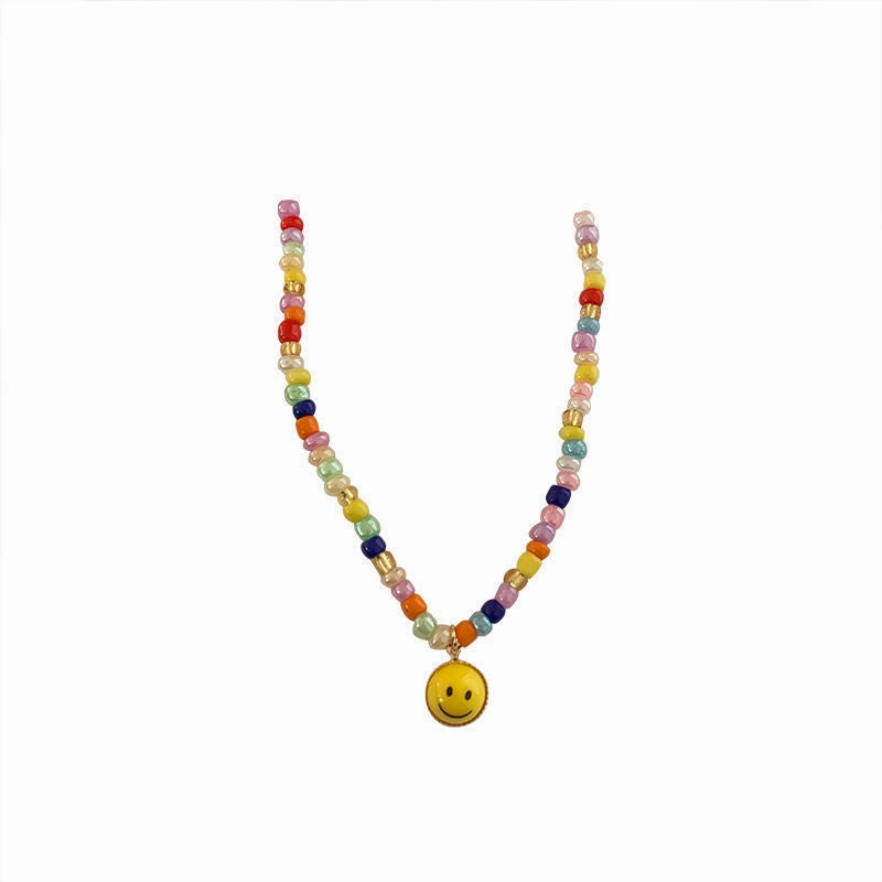 Wholesale Rainbow Color Rice Beads Beaded Smiley Clavicle Necklaces