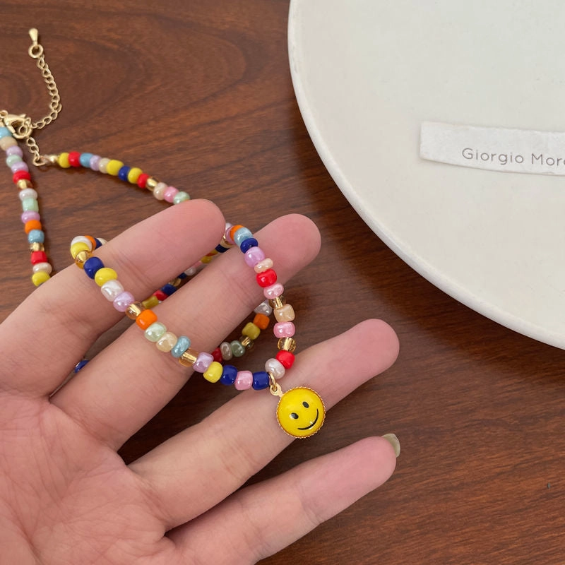 Wholesale Rainbow Color Rice Beads Beaded Smiley Clavicle Necklaces
