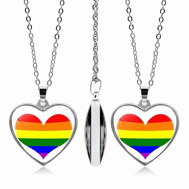 Wholesale Rainbow Time Gem Peach Heart Double Sided Pendant Alloy Necklaces