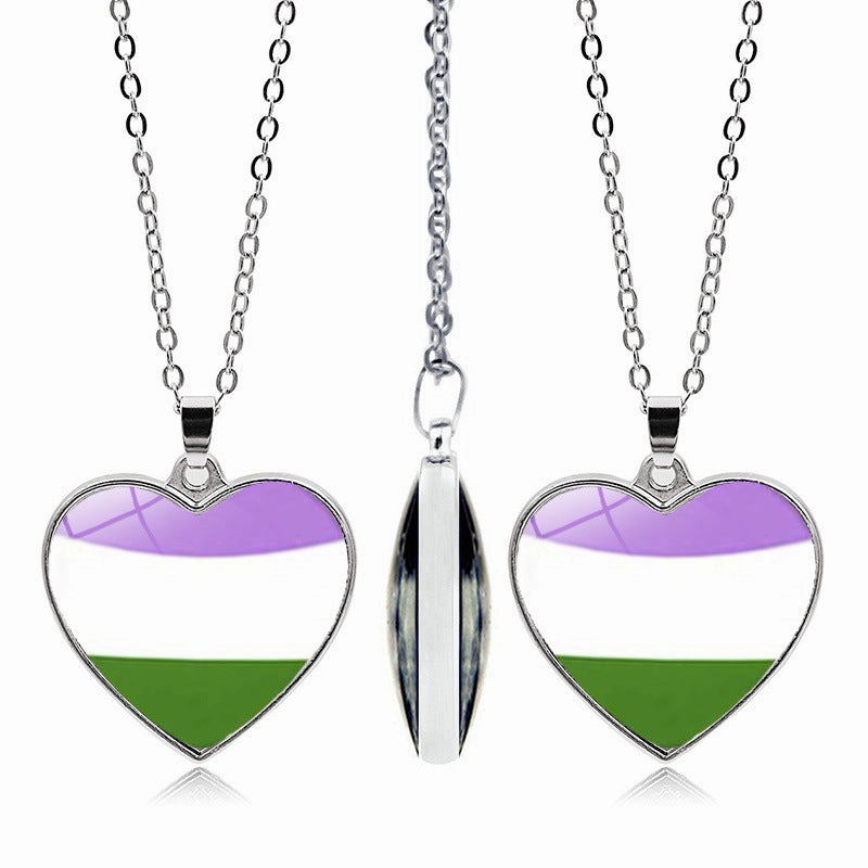 Wholesale Rainbow Time Gem Peach Heart Double Sided Pendant Alloy Necklaces