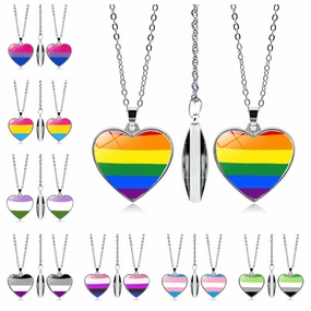 Wholesale Rainbow Time Gem Peach Heart Double Sided Pendant Alloy Necklaces
