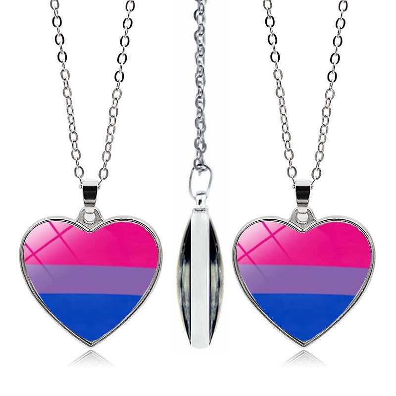 Wholesale Rainbow Time Gem Peach Heart Double Sided Pendant Alloy Necklaces