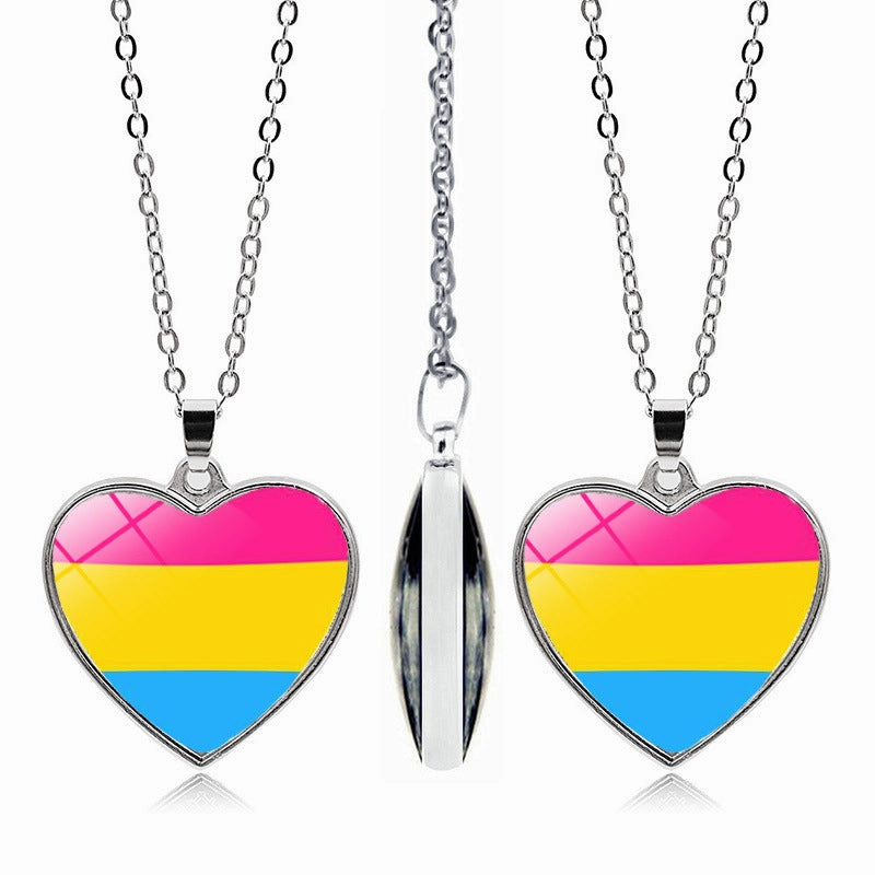 Wholesale Rainbow Time Gem Peach Heart Double Sided Pendant Alloy Necklaces