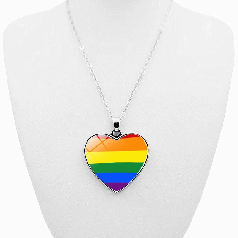 Wholesale Rainbow Time Gem Peach Heart Double Sided Pendant Alloy Necklaces