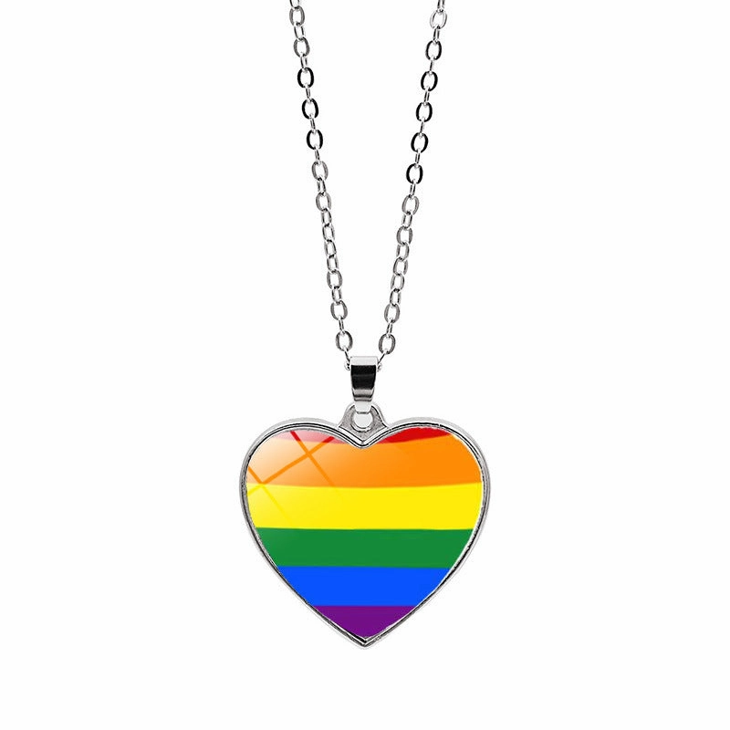 Wholesale Rainbow Time Gem Peach Heart Double Sided Pendant Alloy Necklaces