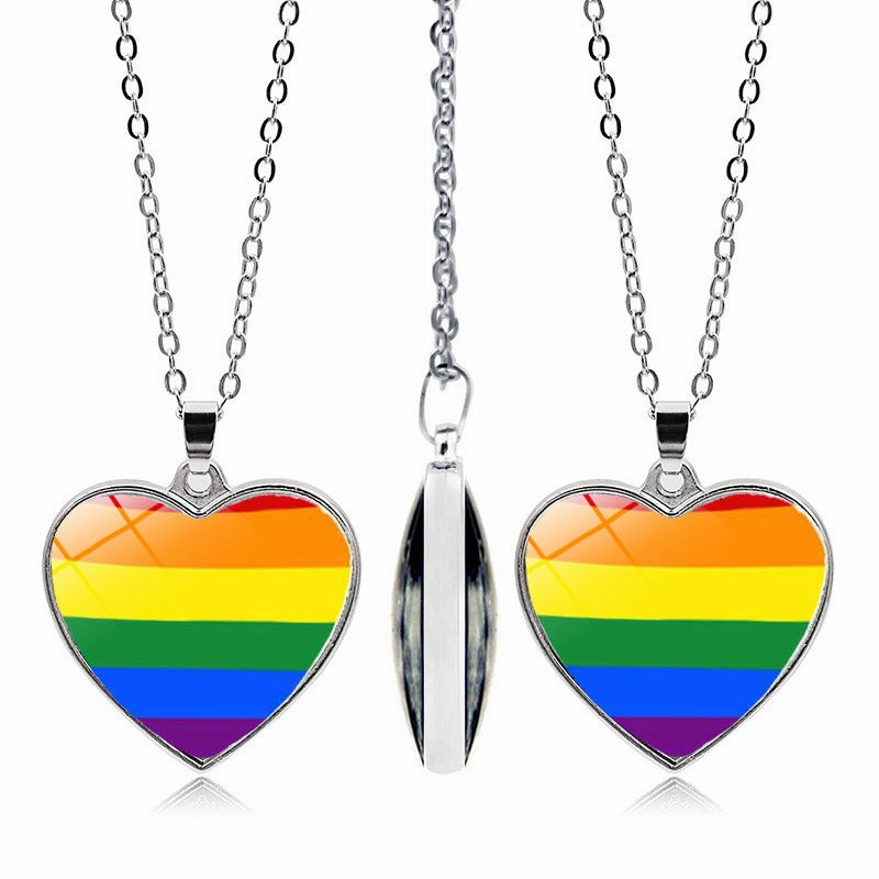 Wholesale Rainbow Time Gem Peach Heart Double Sided Pendant Alloy Necklaces