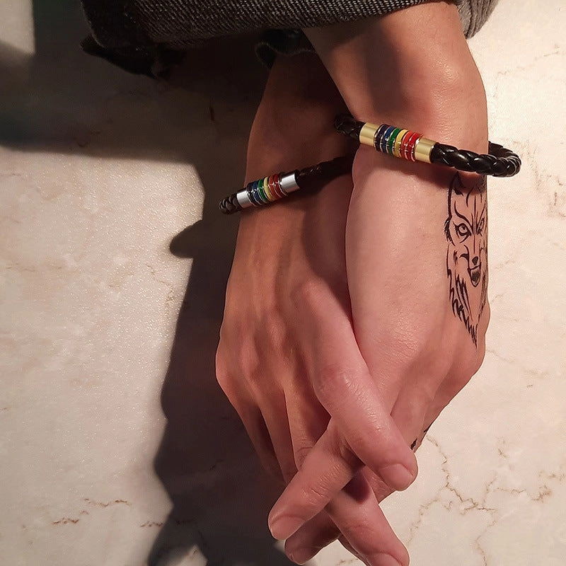 Wholesale Rainbow Woven Titanium Steel PU Leather Bracelet