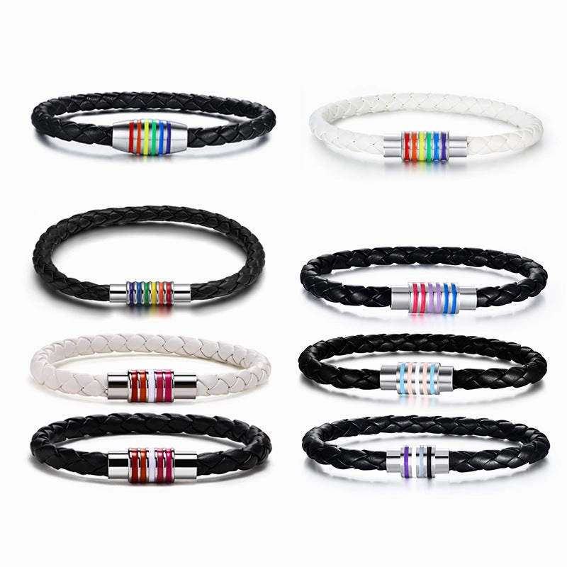 Wholesale Rainbow Woven Titanium Steel PU Leather Bracelet