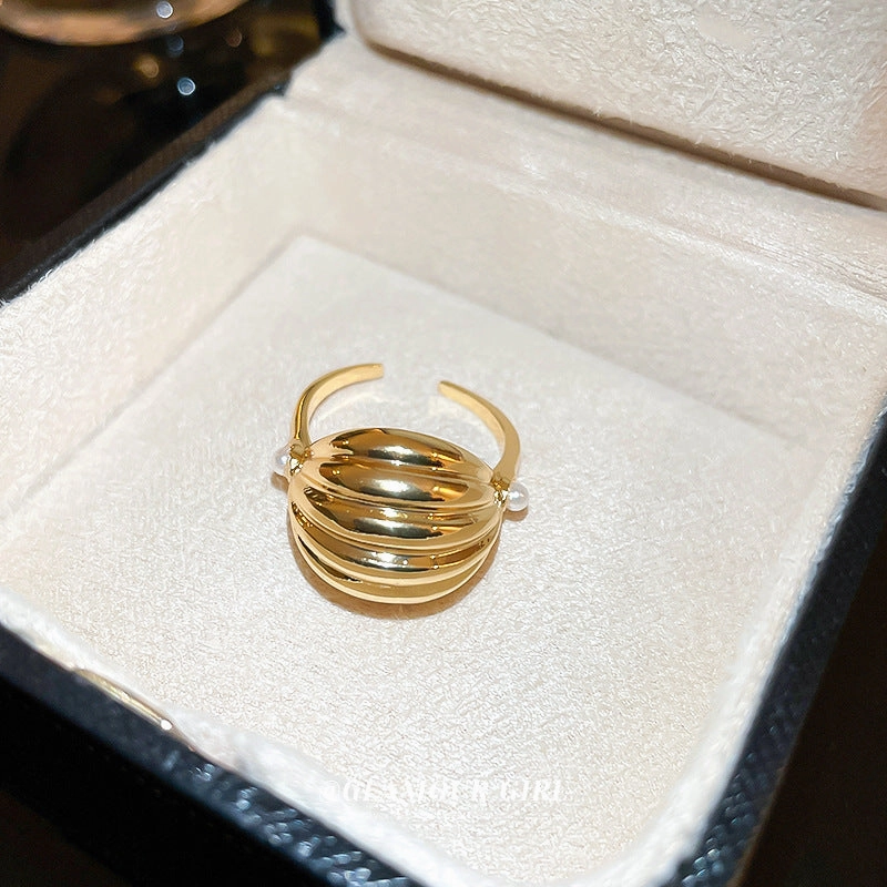 Wholesale Real Gold Plated Pearl Stripes Open Rings Alloy