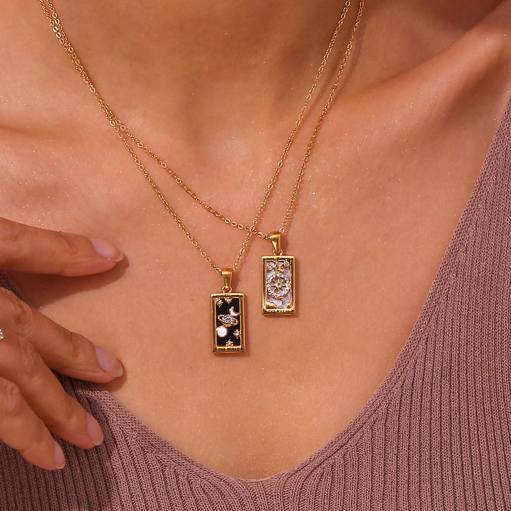 Wholesale Rectangular Drip Oiled Zircon Tarot Cards Stainless Steel 18K Gold Plated Necklaces