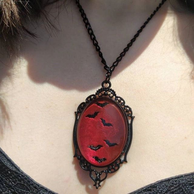 Wholesale Red Bat Glass Pendant Black Alloy Necklaces