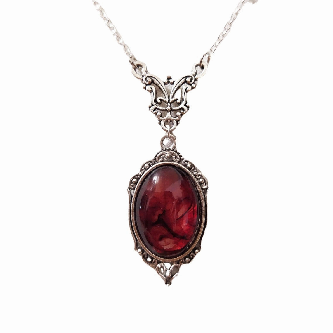 Wholesale Red Quartz Crystal Silver Plated Butterfly Pendant Alloy Necklaces