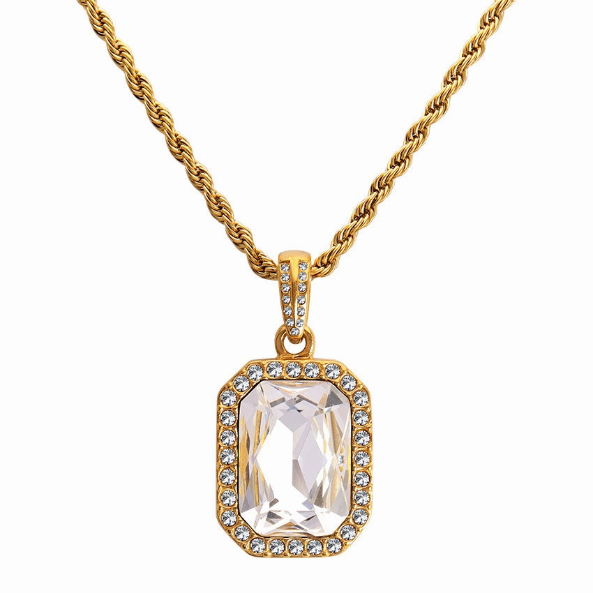 Wholesale Retro Atmospheric Square Style Zircon Surrounded By Diamond Twist Titanium Steel Chain