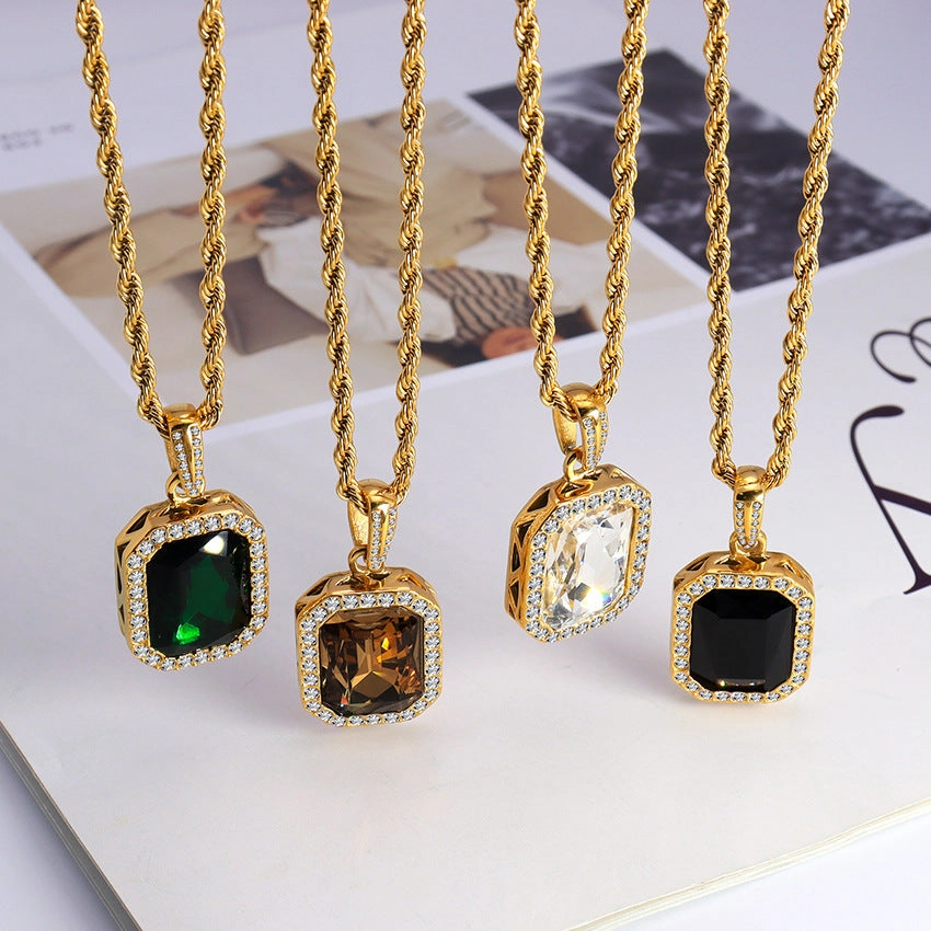 Wholesale Retro Atmospheric Square Style Zircon Surrounded By Diamond Twist Titanium Steel Chain