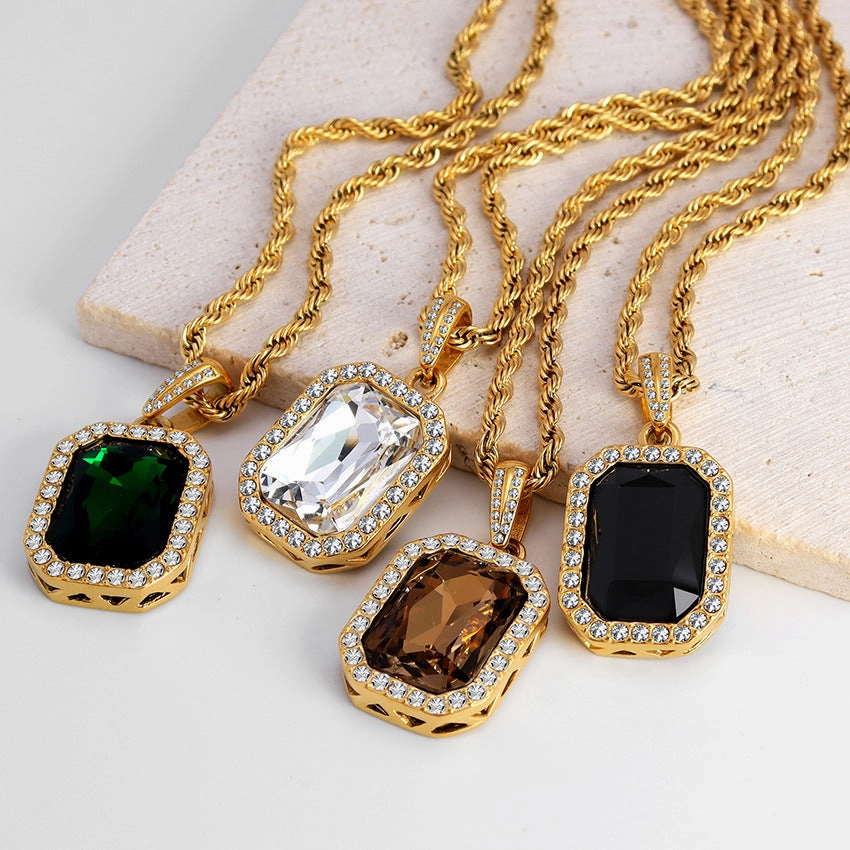 Wholesale Retro Atmospheric Square Style Zircon Surrounded By Diamond Twist Titanium Steel Chain