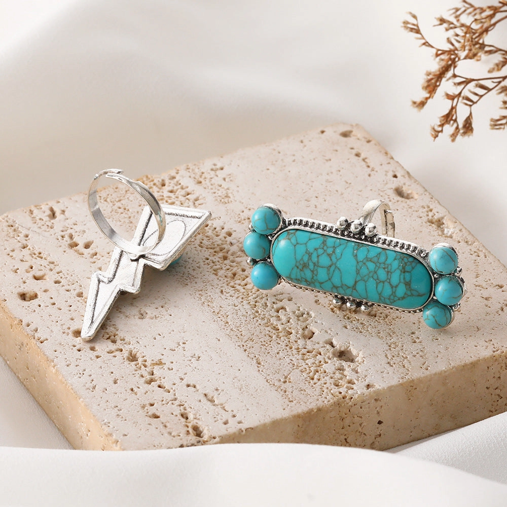 Wholesale Retro Bohemian Turquoise Lightning Shape 2-piece Set Alloy Ring