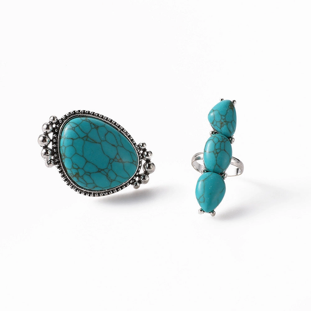 Wholesale Retro Bohemian Turquoise Lightning Shape 2-piece Set Alloy Ring
