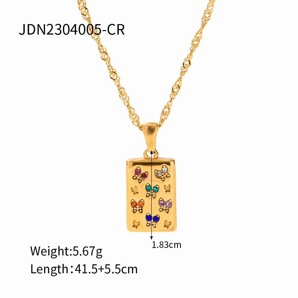 Wholesale Retro Square Butterfly White Diamond Stainless Steel Necklace