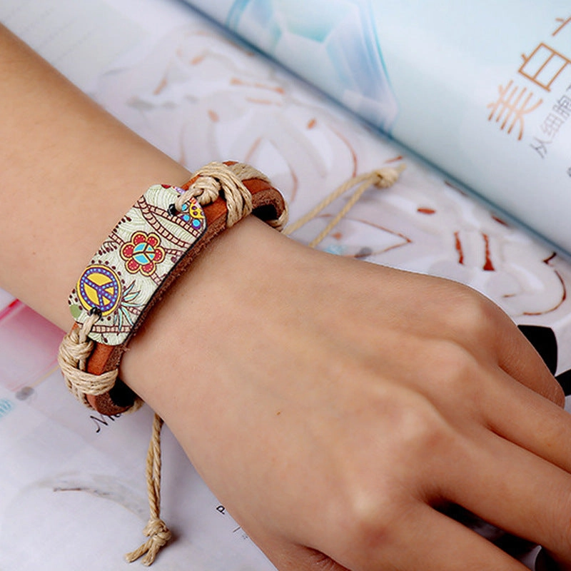 Wholesale Retro Style Heat Transfer Hemp Rope Braided Cowhide Bracelet