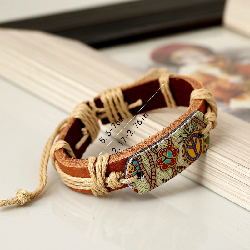 Wholesale Retro Style Heat Transfer Hemp Rope Braided Cowhide Bracelet