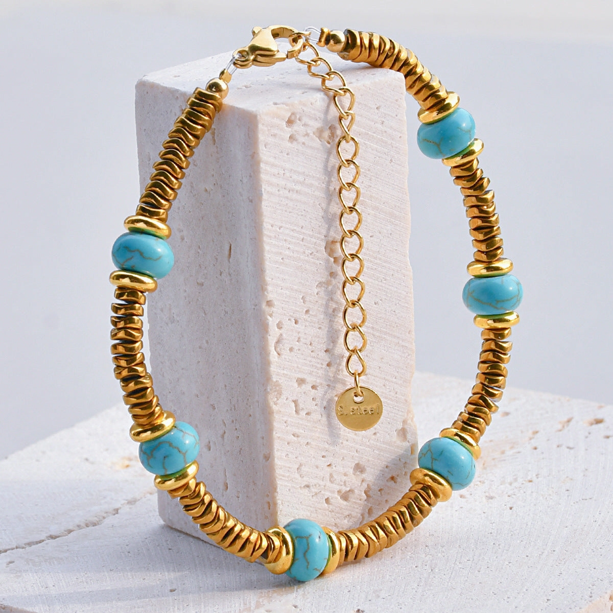 Wholesale Retro texture color natural stone stitching titanium steel bracelet