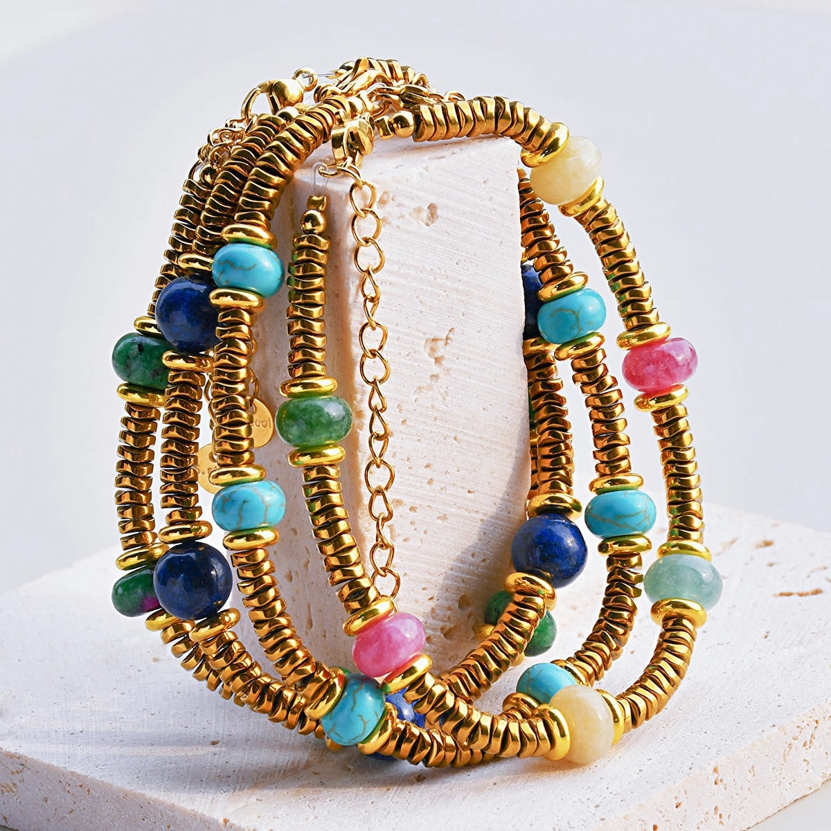 Wholesale Retro texture color natural stone stitching titanium steel bracelet