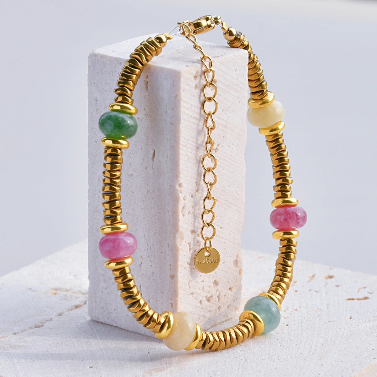 Wholesale Retro texture color natural stone stitching titanium steel bracelet